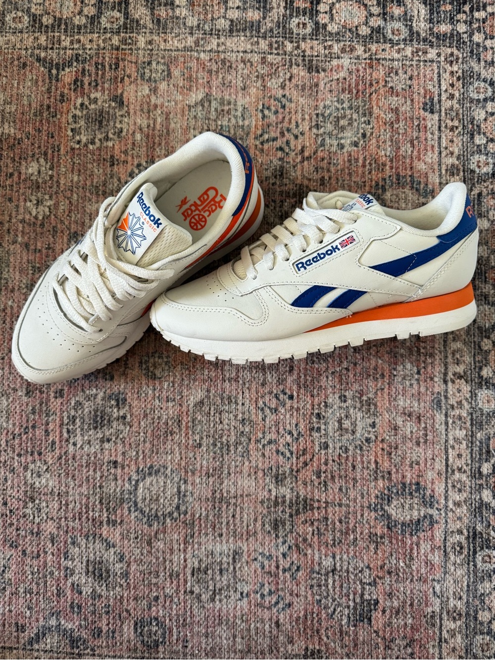 Reebok Leather Low-Top Sneakers in White, Blue & Orange